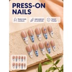 Blue‑Plaid Floral Bow Rhinestone Press‑On Nails, Gentle French Long Stiletto False Nails